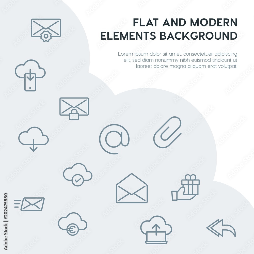 Poster cloud and networking, email, shopping outline vector icons and elements background concept on grey b