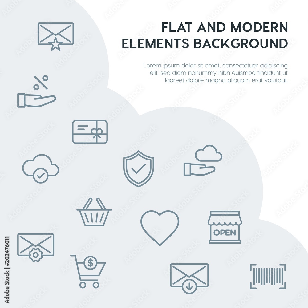 Poster cloud and networking, email, shopping outline vector icons and elements background concept on grey b
