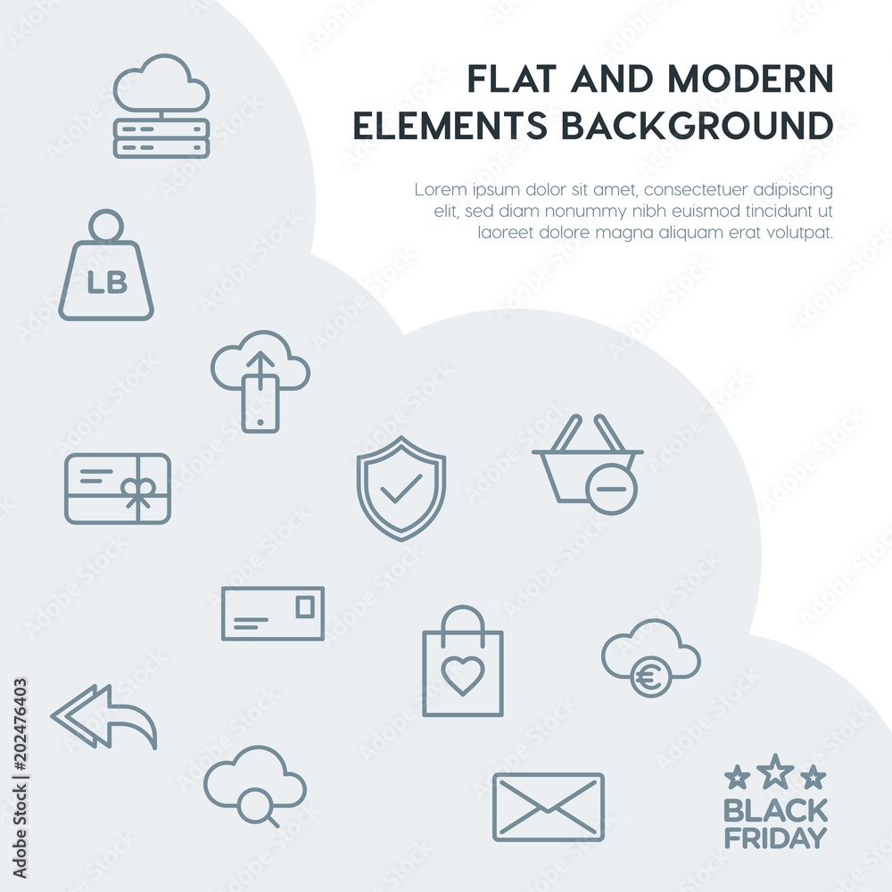 Poster cloud and networking, email, shopping outline vector icons and elements background concept on grey b
