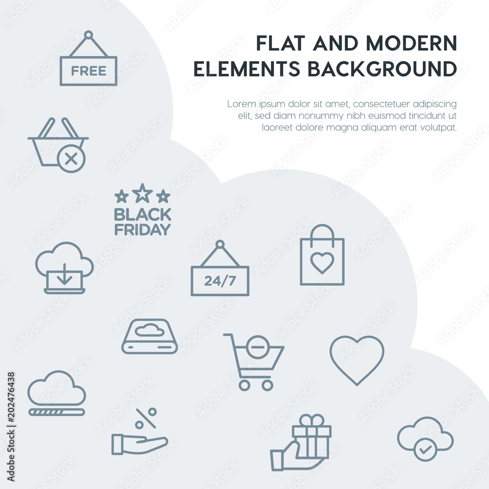 Poster cloud and networking, email, shopping outline vector icons and elements background concept on grey b