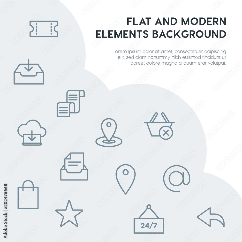 Poster cloud and networking, email, shopping outline vector icons and elements background concept on grey b