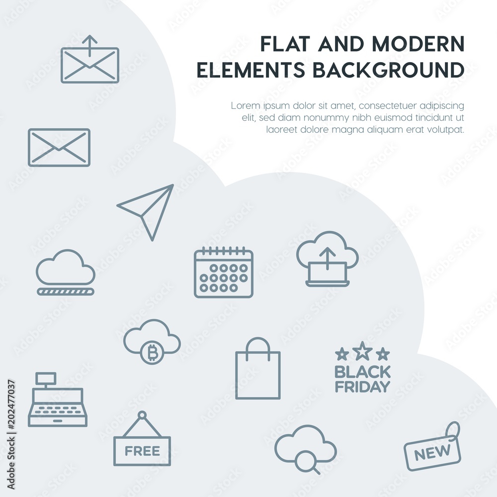 Poster cloud and networking, email, shopping outline vector icons and elements background concept on grey b