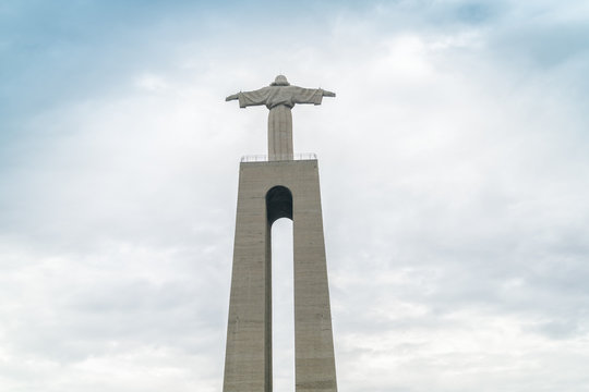 Portugal, Lisbon, Almada, Cristo-Rei, view of statue and catholic monument of Jesus Christ
