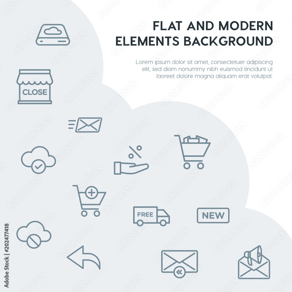 Poster cloud and networking, email, shopping outline vector icons and elements background concept on grey b