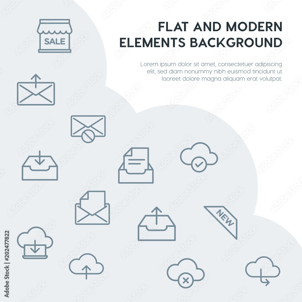 Poster cloud and networking, email, shopping outline vector icons and elements background concept on grey b