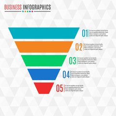 Funnel or cone symbol. Business pyramid with 5 steps, options or levels. Marketing and sales design element. Vector illustration.