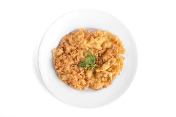 Omelet with vegetables isolated on white background, Top view