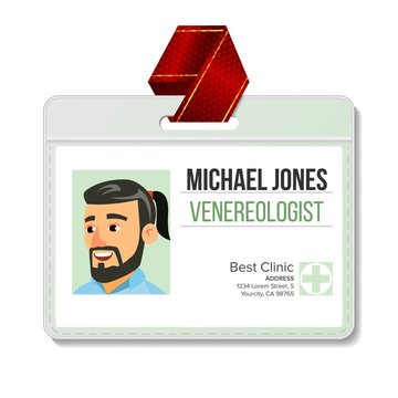 Venereologist Identification Badge Vector. Man. Id Card Template. Clinic. Hospital. Specialist Profile. Isolated Flat Illustration