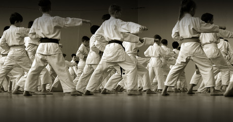 Children's training on karate-do. Banner with space for text. For web pages or advertising...