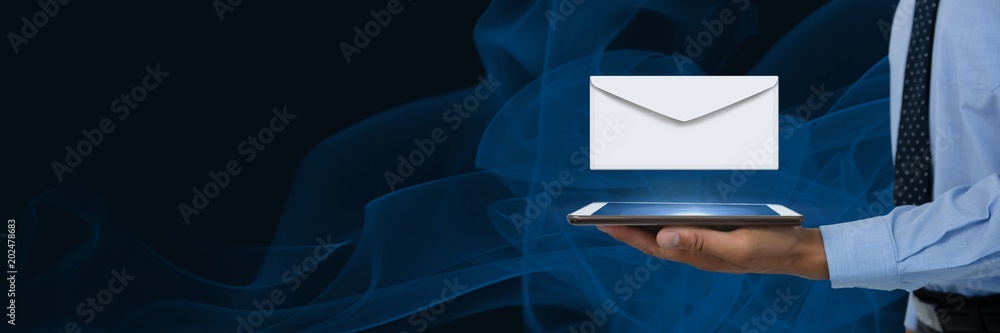 Poster envelope letter message and man using tablet