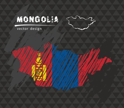 Mongolia map with flag inside on the black background. Chalk sketch vector illustration