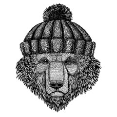 Cool animal wearing knitted winter hat. Warm headdress beanie Christmas cap for tattoo, t-shirt, emblem, badge, logo, patch