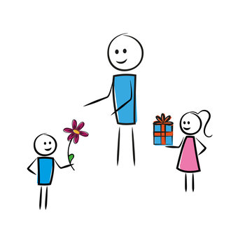 Mann bekommt ein Geschenk und eine Blume von 2 Kindern