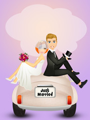 bride and groom on Wedding car