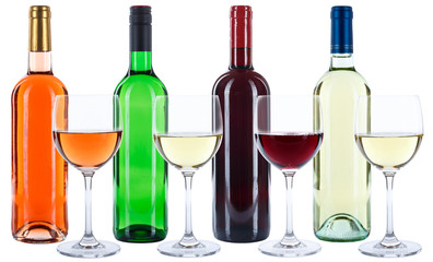 Wine bottles glasses tasting red white rose alcohol isolated