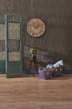 brown background wood clock green paravane and clothes box style.