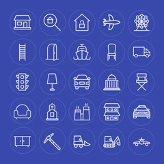 Fototapeta na wymiar Modern Simple Set of transports, industry, buildings, furniture Vector outline Icons. Contains such Icons as travel, plane, sky, real and more on blue background. Fully Editable. Pixel Perfect.