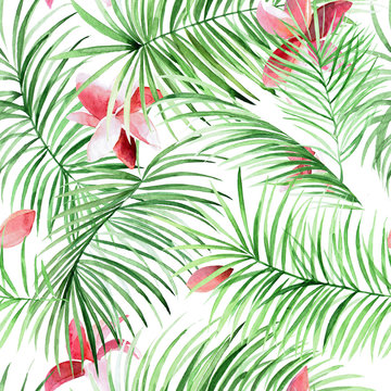 Watercolor palm leaves and tropical flowers pattern. Green exotic background for your design.
