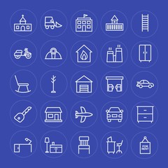 Modern Simple Set of transports, industry, buildings, furniture Vector outline Icons. Contains such Icons as  architecture,  interior, car and more on blue background. Fully Editable. Pixel Perfect.