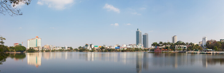 Vietnam. Panorama view of Hanoi city at West Lake, the biggest freshwater lake of northwest center of Hanoi and a popular place for recreation with many surrounding gardens, hotels and villas.