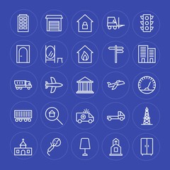 Modern Simple Set of transports, industry, buildings, furniture Vector outline Icons. Contains such Icons as aircraft,  industry,  home and more on blue background. Fully Editable. Pixel Perfect.