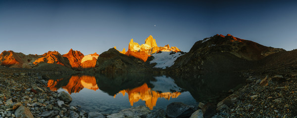 View of Mount Fitz Roy and the lake in the National Park Los Glaciares National Park at sunrise. Autumn in Patagonia, the Argentine side