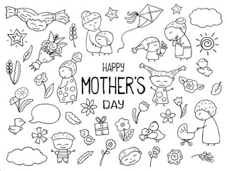 Happy Mother Day black white vector clipart. Mom and child outlined icon. Childish doodles with happy children