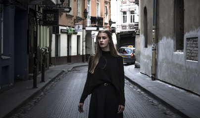 Hipster girl walking on the street, lifestyle.