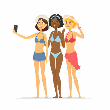 Girls on the beach - cartoon people character illustration