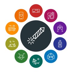 travel, valentine Infographic Colorful outline Icons Set. Contains such Icons as  road,  knapsack,  love,  transport, ticket,  equipment,  party,  snorkel, bus and more. Fully Editable. Pixel Perfect