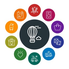 travel, valentine Infographic Colorful outline Icons Set. Contains such Icons as  elegant,  holiday, summer,  air,  present,  bag,  casino,  love, dice,  chance and more. Fully Editable. Pixel Perfect