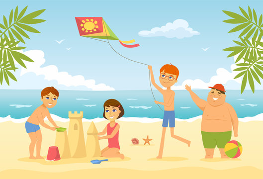 Happy children on the beach - cartoon people character illustration