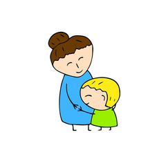 Happy mother and son hugs. Smiling family handdrawn vector on white background. Mom and child handdrawn icon