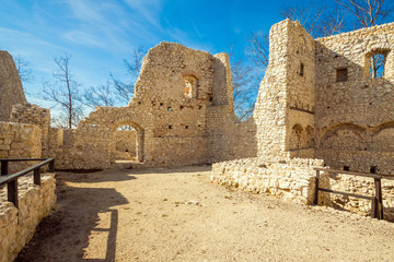 Rocky landscape in Poland. Touristic route of Eagle's Nests between Cracow and Czestochowa. Ruins of the castle Ogrodzieniec - Poland