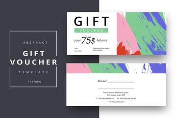 Trendy abstract gift voucher card templates. Modern discount coupon or certificate layout with artistic stroke pattern. Vector fashion bright background design with information sample text.