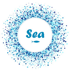Vector creative greeting card of blue round circles with fish. Sea design.