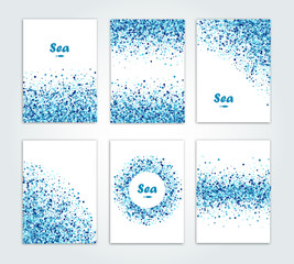 Vector creative six greeting card set of blue round particles. Sea design. Confetti circles.