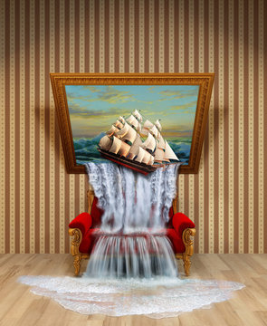 the illusion of a waterfall from the picture. Room with striped Wallpaper, red vintage sofa, a picture of the seascape leaned over and out of it poured water and drop ship.