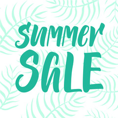 Summer SALE bold calligraphy on green palm leaves background.