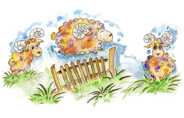 Happy sheep jumping over the fence. Watercolor illustration.