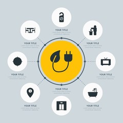 Circle network chart hotel, location, nature infographic template with 8 options for presentations, advertising, annual reports.