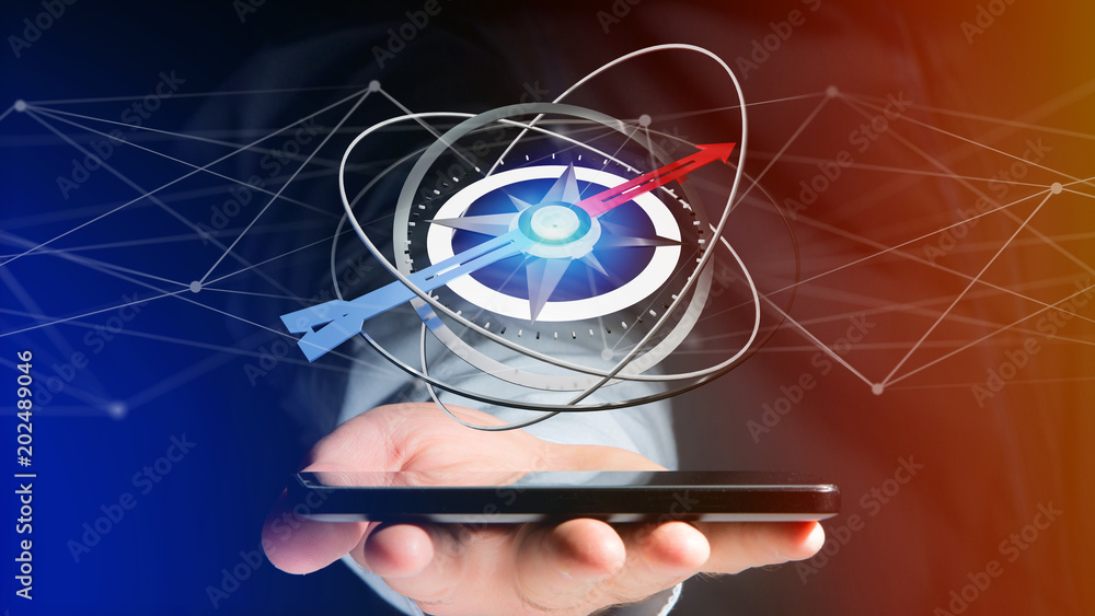 Poster business man using a navigation compass on a smartphone - 3d rendered