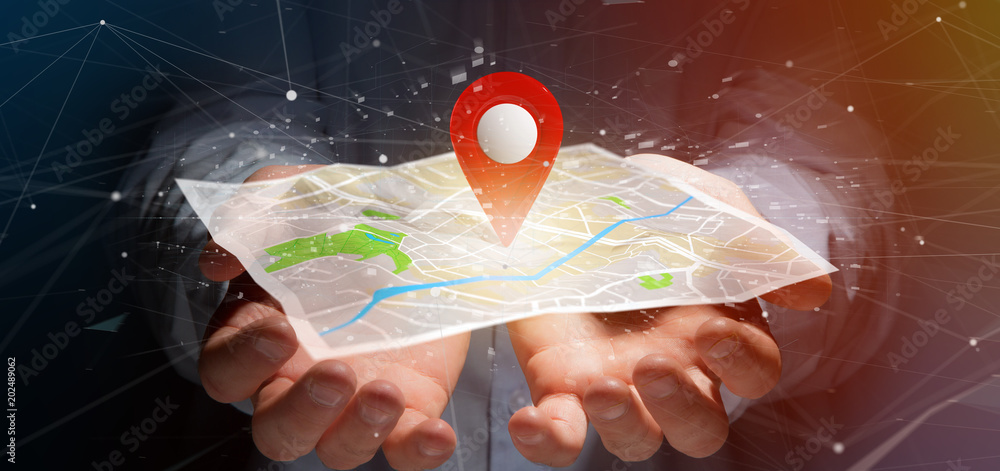 Poster man holding a 3d rendering pin holder on a map
