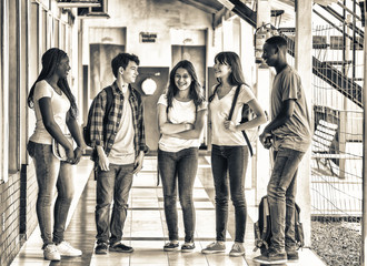 Group of mixed races teenagers talking standing in school hallway