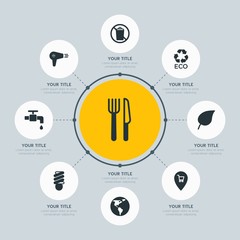 Circle network chart hotel, location, nature infographic template with 8 options for presentations, advertising, annual reports.