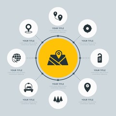 Circle network chart hotel, location, nature infographic template with 8 options for presentations, advertising, annual reports.
