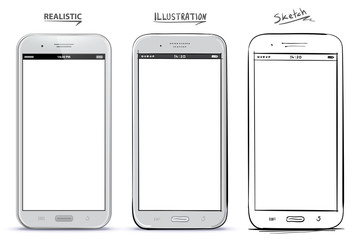 Mobile Phone Vector Drawing With Different Styles. Realistic, Illustration and Sketch alternatives.