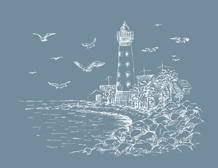 Landscape Lighthouse. Sea and seagulls sketch. Hand painted lighthouse and the sea. Rocky shore graphics. Vector illustration.