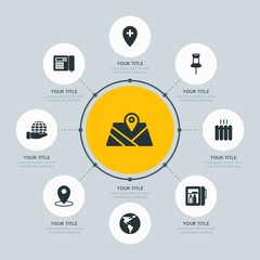 Circle network chart hotel, location, nature infographic template with 8 options for presentations, advertising, annual reports.