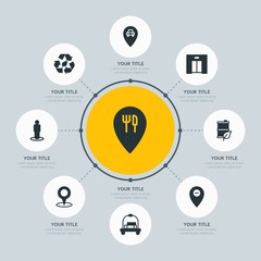 Circle network chart hotel, location, nature infographic template with 8 options for presentations, advertising, annual reports.